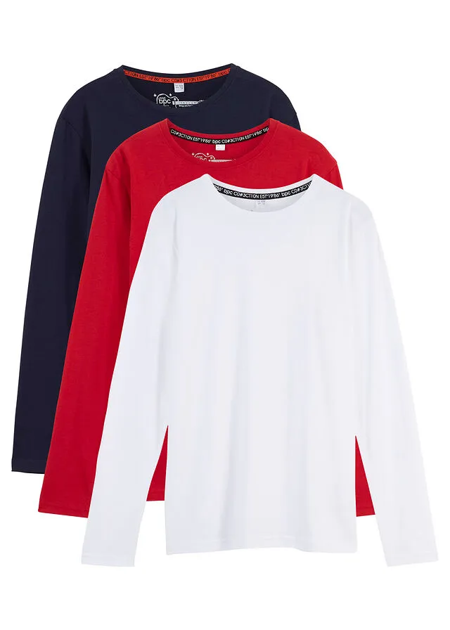 Camiseta infantil de manga larga de algodón orgánico (3 unidades) Rojo/azul marino/blanco